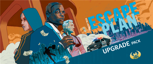 A stylized illustration shows three people in business attire with money, a cityscape, and a police car, alongside bold blue and white text: Escape Plan Upgrade Pack with Player Power Expansion from Eagle-Gryphon Games.