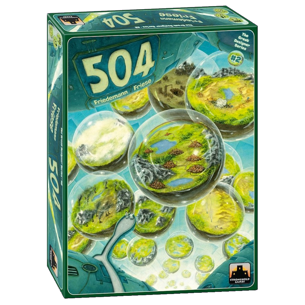 The image displays the box of 504 (The Great Designers Series #2) by Stronghold Games, featuring glass spheres with tiny landscapes on a blue background, evoking unique civilizations and alternate Earths.