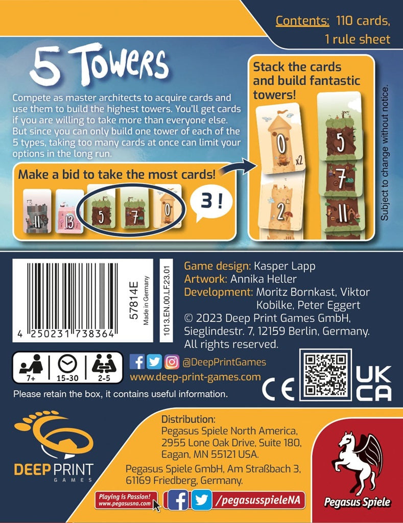 Back of the 5 Towers box by Pegasus Spiele features game details, components, sample cards, instructions, logos, and publisher info on a colorful background with tower illustrations for aspiring master architects.