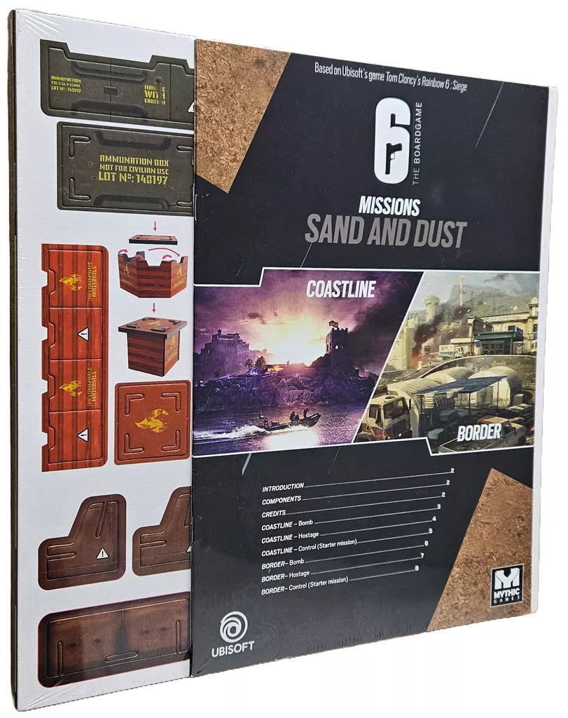 The image shows the box for 6: Siege – The Board Game Map Pack 3 - Sand and Dust by Mythic Games, featuring tactical gameplay with illustrated components, mission cards, and two scenarios set on Coastline and Border maps.