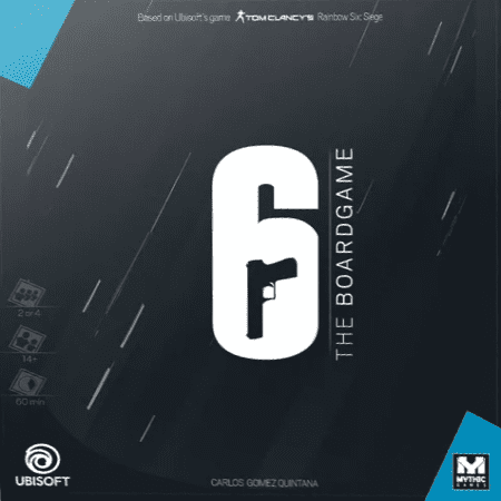 Box cover of 6: Siege – The Board Game (Kickstarter Version) by Mythic Games, showing a large white six with gun silhouette, Siege miniatures, Ubisoft and Mythic Games logos, and tactical shooter board game info on the left.