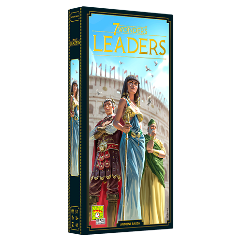 Box cover of 7 Wonders (Second Edition): Leaders by Repos, featuring illustrated historical figures in ancient attire before a coliseum under a blue sky, highlighting new powerful Leader cards.