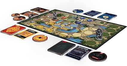 Unmatched: Battle of Legends, Volume Two (Iello) by Iello features a rectangular game board, character figures, cards, circular tokens, and smaller decks arranged for play in this thrilling miniature fighting game.