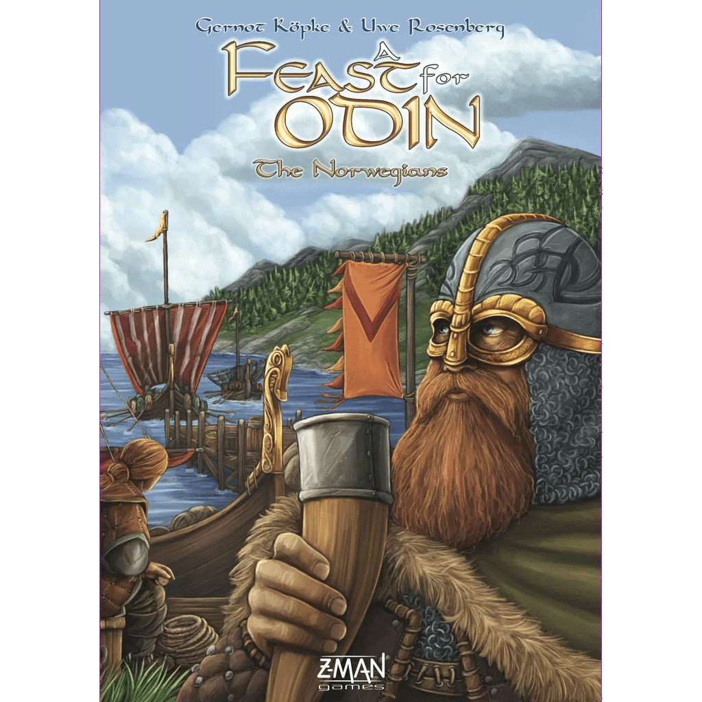 A Viking warrior in a helmet holds a drinking horn with ships and mountains behind. The text reads "A Feast for Odin: The Norwegians Expansion" at the top and "Z-Man Games" at the bottom of this board game.