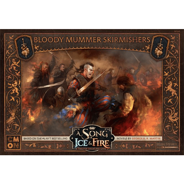 Armored mercenaries clash with swords and axes amid flames. Text reads: A Song of Ice & Fire Bloody Mummer Skirmishers by Cool Mini Or Not.