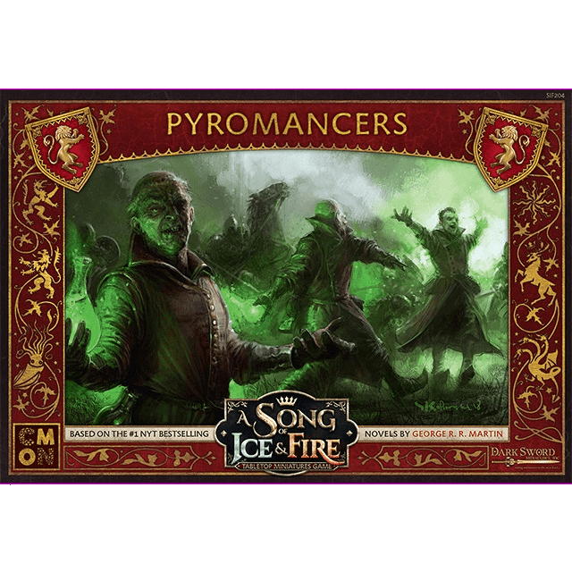 A fantasy image shows three dark-robed pyromancers with green Wildfire flames, featured on the A Song of Ice & Fire Pyromancers by Cool Mini Or Not. An ornate red border displays lion crests and the title PYROMANCERS.