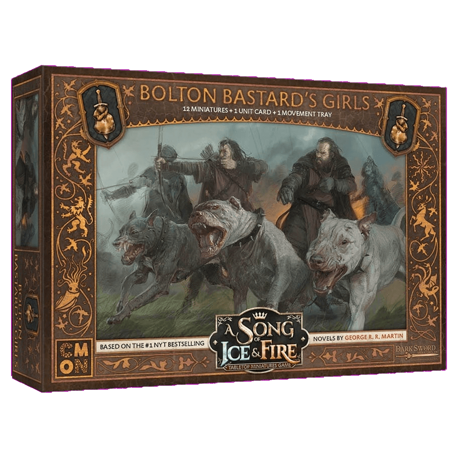 Box cover of A Song of Ice & Fire Bolton Bastard's Girls by Cool Mini Or Not, featuring armed women riding fierce dogs against a medieval fantasy backdrop with an ornate brown border.