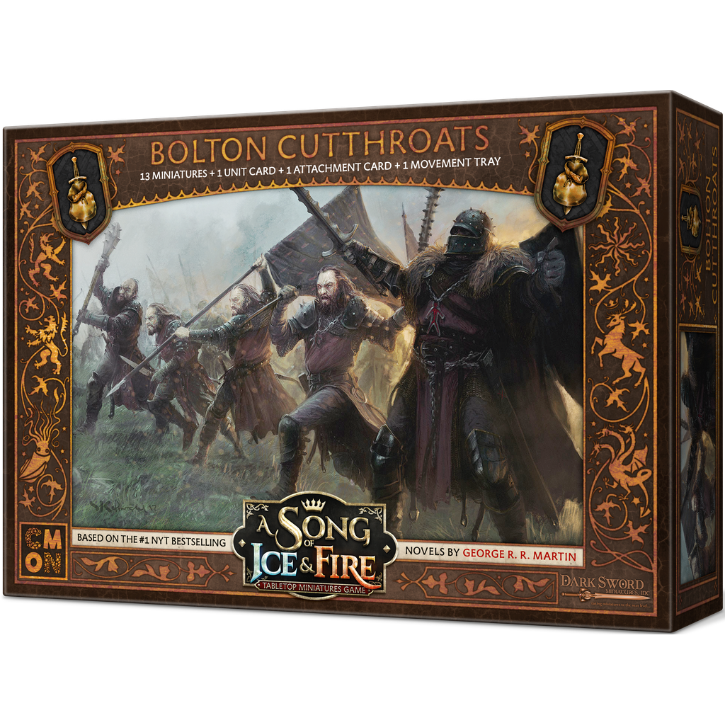 Box art for A Song of Ice & Fire Bolton Cutthroats by Cool Mini Or Not features armored warriors charging, with gold decorative borders and tabletop miniatures game branding highlighting the dramatic packaging.