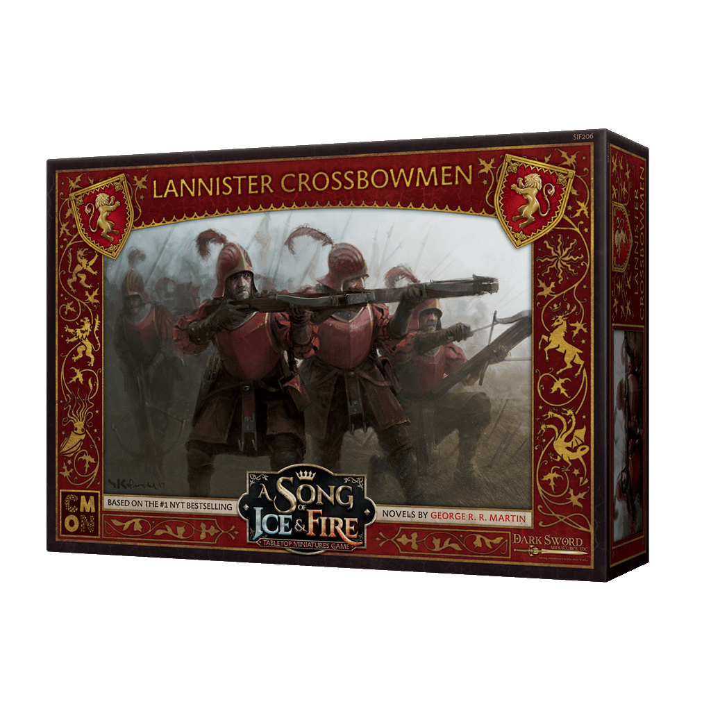 A Song of Ice & Fire Lannister Crossbowmen by Cool Mini Or Not features detailed red-armored miniatures with crossbows, packaged in ornate red and gold box.