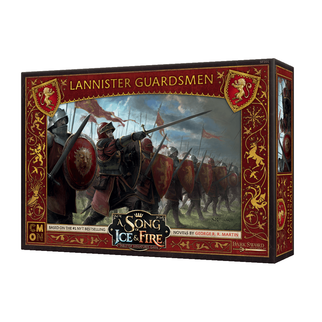 A Song of Ice & Fire Lannister Guardsmen by Cool Mini Or Not features armored soldiers with red shields and banners on a cloudy battlefield, all framed by ornate red and gold borders.