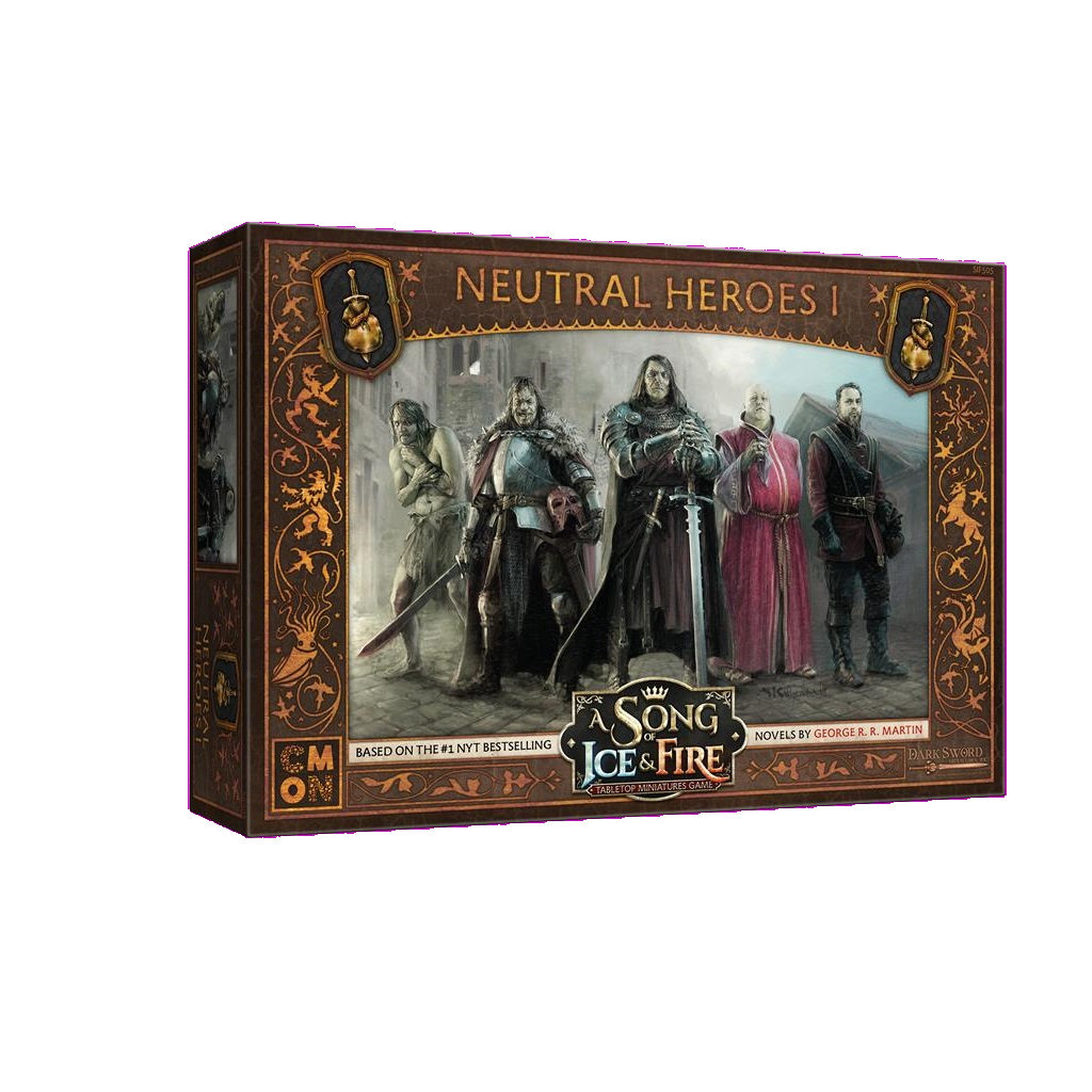 The A Song of Ice & Fire Neutral Heroes I box by Cool Mini Or Not displays five illustrated medieval heroes from the War of the Five Kings, posed together on a fantasy backdrop.