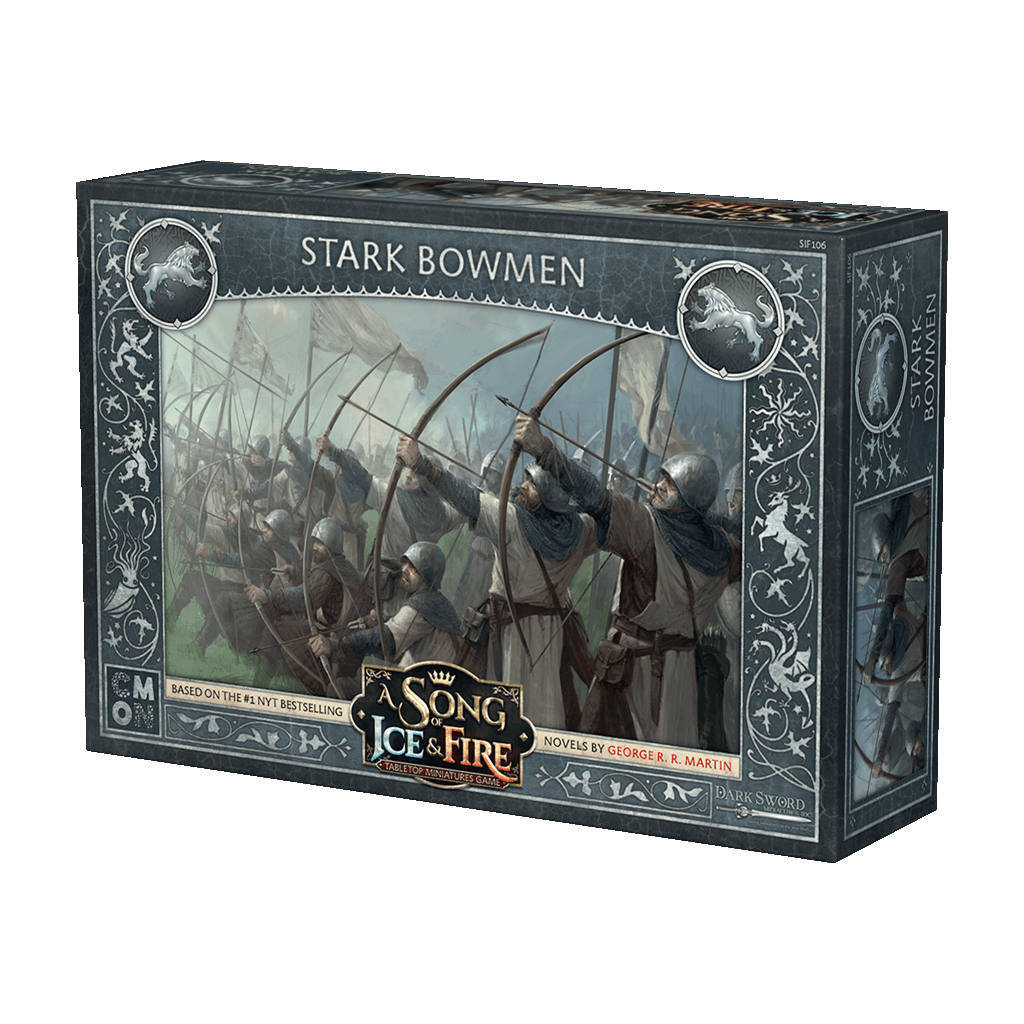 A Song of Ice & Fire Stark Bowmen by Cool Mini Or Not features armored archers as a long-range unit, with packaging displaying house sigils and inspired by George R.R. Martin’s novels.