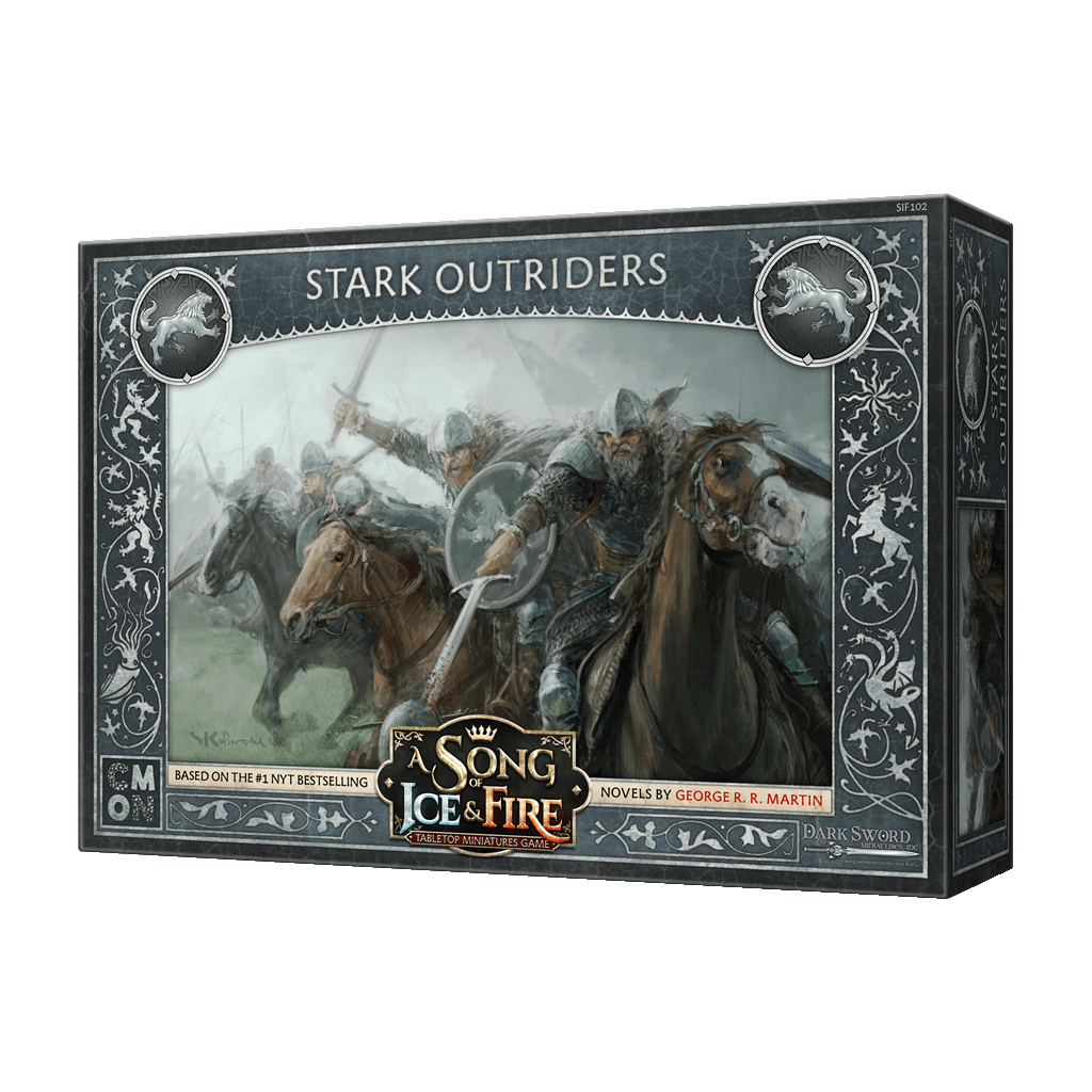 Box for Cool Mini Or Not’s A Song of Ice & Fire Stark Outriders, showing armored cavalry charging forward with swords raised, surrounded by ornate borders and wolf sigils.