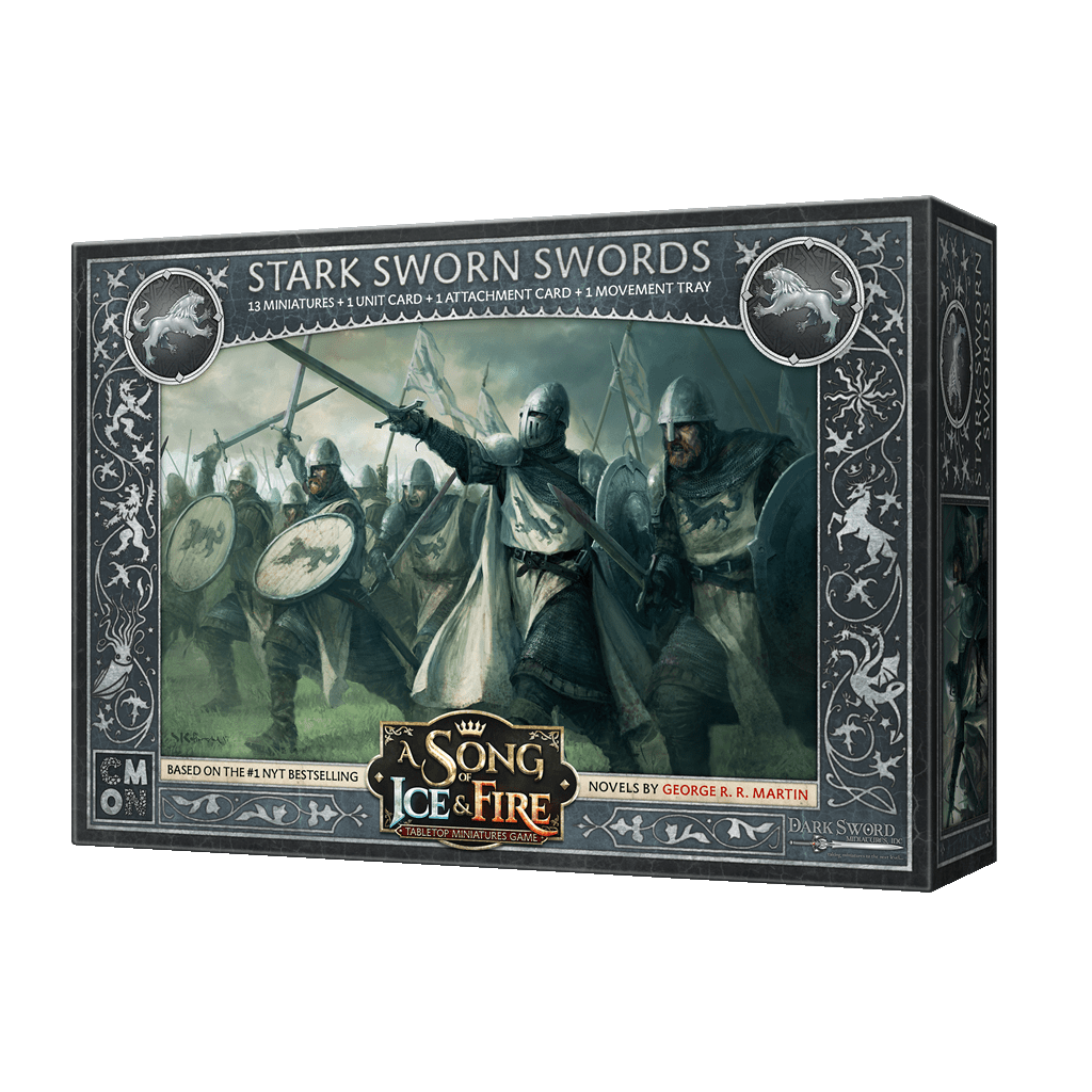 The A Song of Ice & Fire Stark Sworn Swords box by Cool Mini Or Not features armored warriors with swords and shields, perfect for your tabletop battles in this epic miniatures game.
