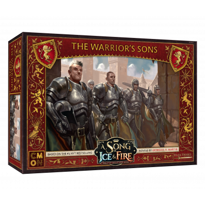 A Song of Ice & Fire The Warrior's Sons by Cool Mini Or Not features armored knights with swords and shields on its box, highlighted by ornate red and gold designs and Lannister lion crests.