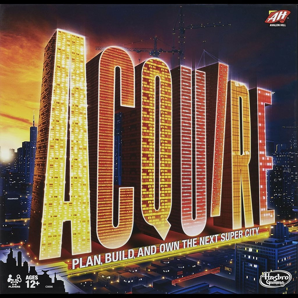 A city skyline at night features skyscrapers spelling “Acquire”. Tagline: PLAN, BUILD AND OWN THE NEXT SUPER CITY in this strategic board game. Avalon Hill branding shown. For ages 12+.