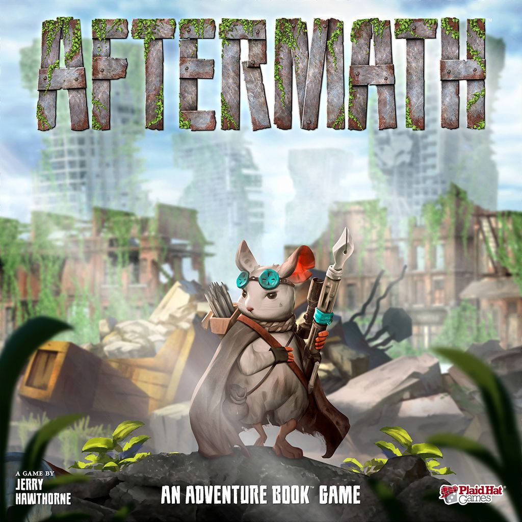 A mouse in goggles and a cloak brandishes a spear atop urban ruins, overgrown buildings behind, reflecting critter survival. “Aftermath” by Plaid Hat Games is boldly displayed above in this post-apocalyptic scene.