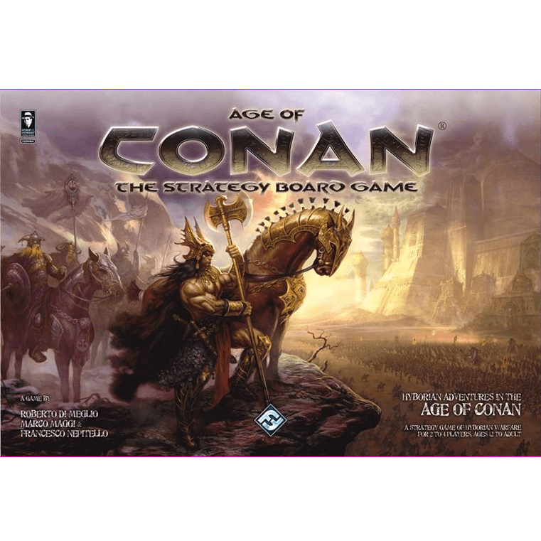 The box cover of Ares Games’ Age of Conan: The Strategy Board Game shows Conan the Cimmerian with axe and shield by a decorated horse, set before a fantasy city and dramatic Hyborian Age mountains.