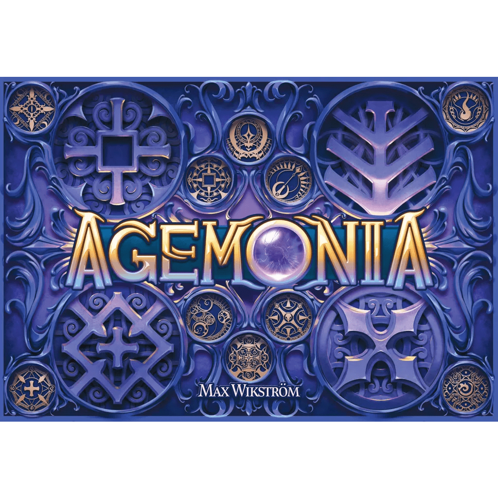 A blue, ornate Lautapelit game box features gold symbols and intricate designs. AGEMONIA is centered in large, stylized letters, highlighting this epic fantasy board game. “Max Wikström” appears at the bottom.