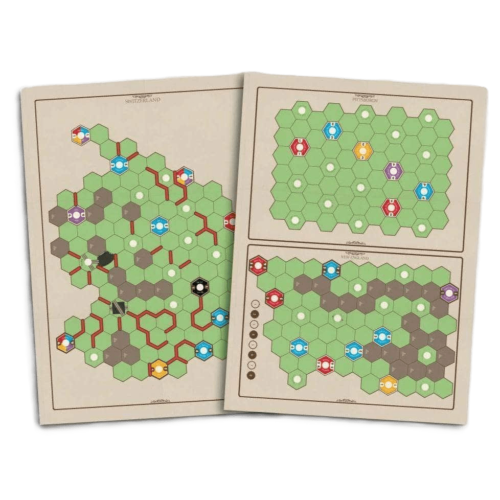 Age of Steam Deluxe: Expansion Maps Switzerland & New England by Eagle-Gryphon Games features a detailed Switzerland map with red routes and terrain, plus a New England board with two green grids, colored tokens, and minimal design.