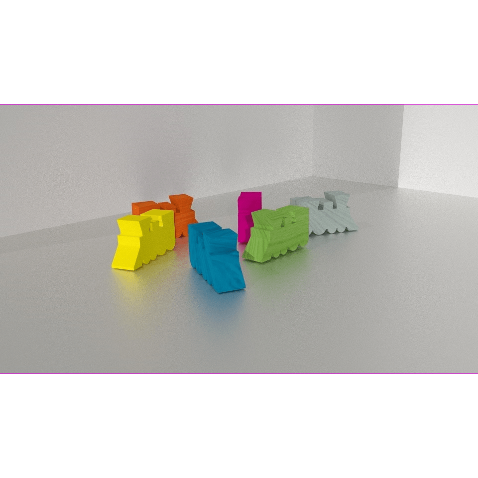 A row of five colorful locomotives from the Age of Steam: Wooden Locomotives (Set of 150) by Eagle-Gryphon Games is displayed on a plain light gray surface against a simple white background.