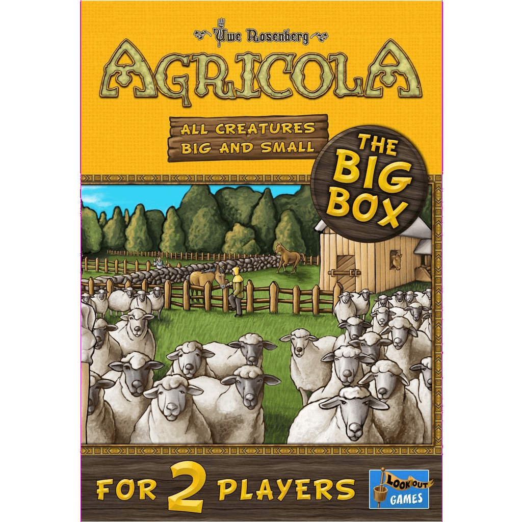 Box cover of Agricola: All Creatures Big and Small (The Big Box) by Lookout Games, a two-player board game with illustrated sheep, a wooden fence, horses, farmers, and bold yellow and brown title text.