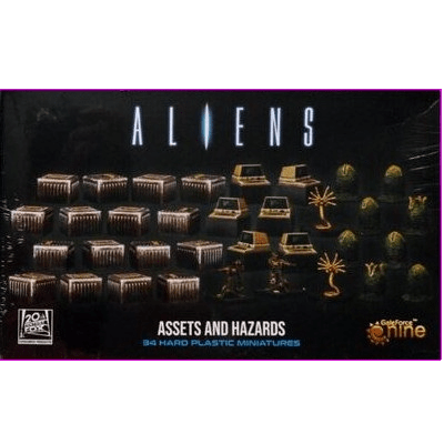 Box cover for Gale Force Nine’s Aliens: Assets and Hazards, showing rows of miniature crates, computer consoles, alien eggs, and facehuggers; includes 34 hard plastic tabletop game accessories for the expansion.