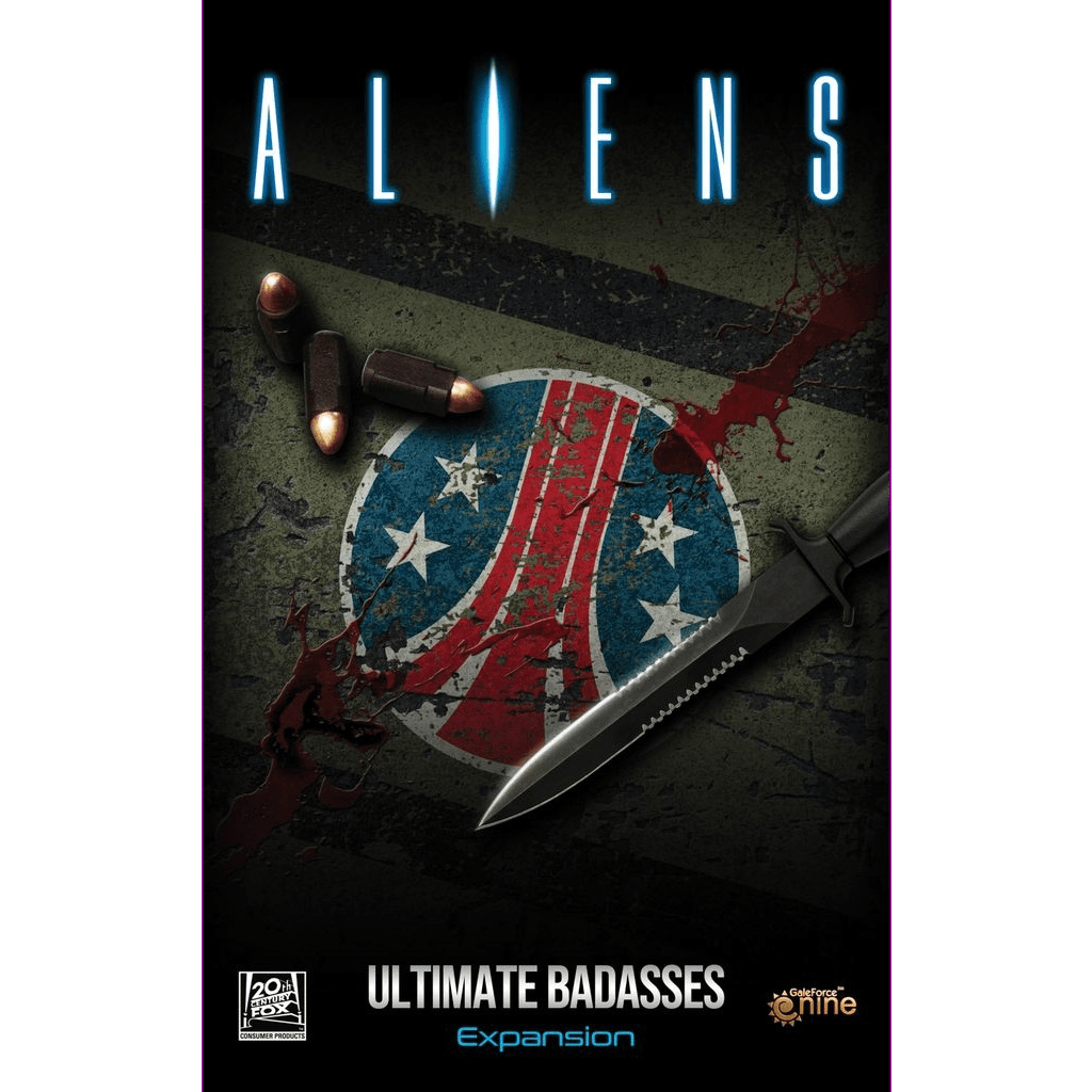 Cover of Gale Force Nine's Aliens: Ultimate Badasses shows three bullets and a knife on a scratched, blood-stained patch, symbolizing co-op survival against xenomorphs. The glowing blue ALIENS title stands out at the top.