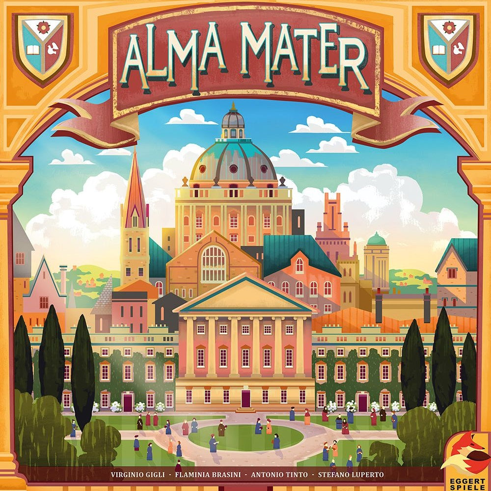 The illustrated cover of Alma Mater by Eggert Spiele features a vibrant university campus with domes and towers, lively courtyards, and people gathering—perfectly capturing the spirit of this engaging strategy board game.