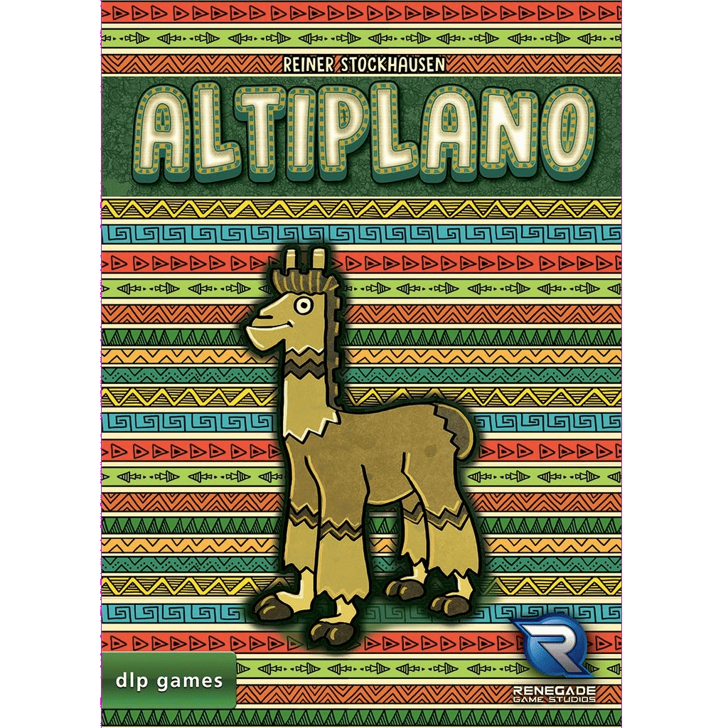 The Altiplano board game by DLP Games comes in a colorful box with a cartoon llama and bright red, green, and yellow geometric patterns. The title "Altiplano" is displayed prominently at the top in bold lettering.
