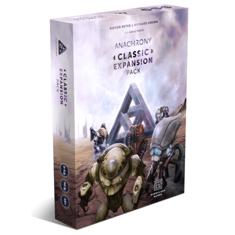 A box for Mindclash Games' Anachrony: Classic Expansion Pack, featuring futuristic armored figures, Guardian Exosuit miniatures in a sci-fi setting, and a geometric triangular logo in the background.