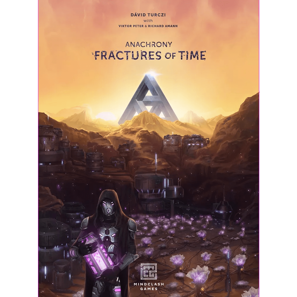 A mysterious figure in dark armor holds a glowing object near a swirling Time Rift in a futuristic, flower-filled landscape with scattered tech, metallic triangle, and mountains. Text: Anachrony: Fractures of Time Expansion by Mindclash Games.