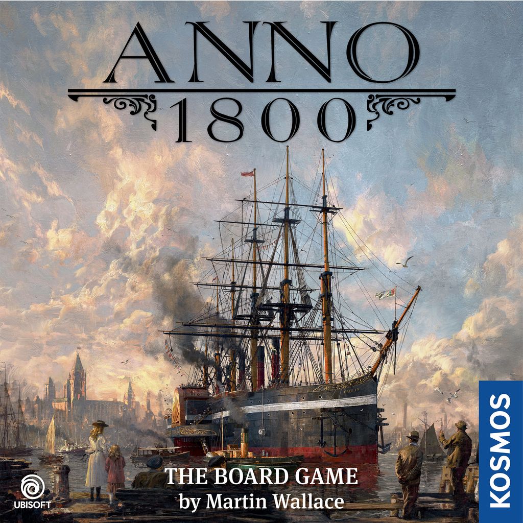 Box cover for Anno 1800 EN by Kosmos, showing a large steamship at an industrial harbor with bustling people, buildings, and resource management under a cloudy sky. Kosmos logo is visible.