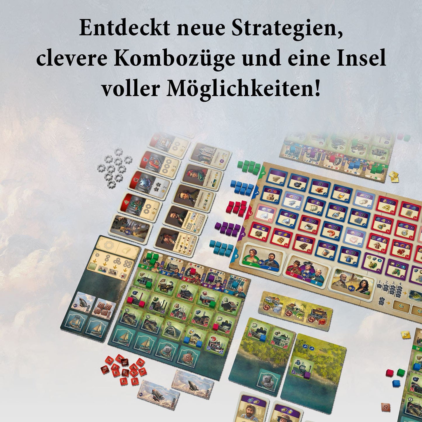 The Anno 1800 Erweiterung DE by Kosmos features a colorful board setup with cards, wooden pieces, tiles, and tokens. Entdeckt neue Strategien und clevere Züge – perfekt für Martin Wallace Fans!.