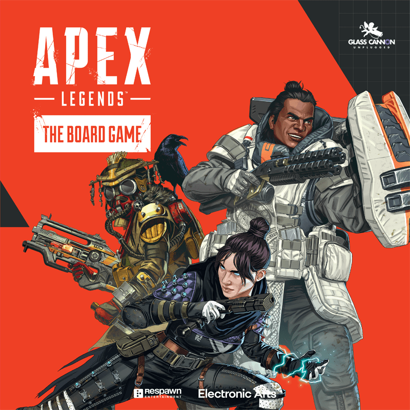 Three armored Apex Legends characters with weapons pose against a red backdrop, capturing the action of Apex Legends: The Board Game by Glass Cannon Unplugged. Logos for Glass Cannon, Respawn, EA, and Rebel are also shown.