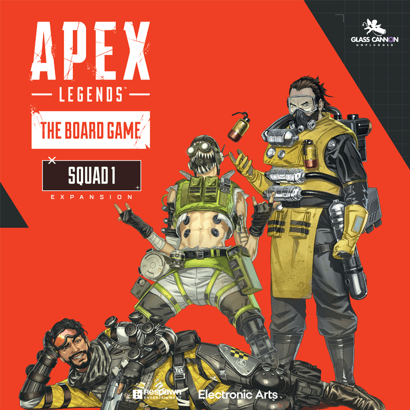 Three Apex Legends characters showcase the Glass Cannon Unplugged Apex Legends: The Board Game – Squad 1 Expansion, featuring a gas-masked fighter in yellow, a tactical character with a skull mask, and an armored hero posed against a red background.