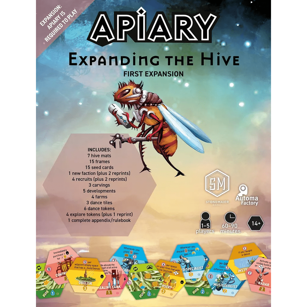 Box cover of Stonemaier Games' Apiary: Expanding the Hive Expansion, showing a humanoid bee with a staff, hive mats, and vibrant hex tiles. For 1-5 players, ages 14+.