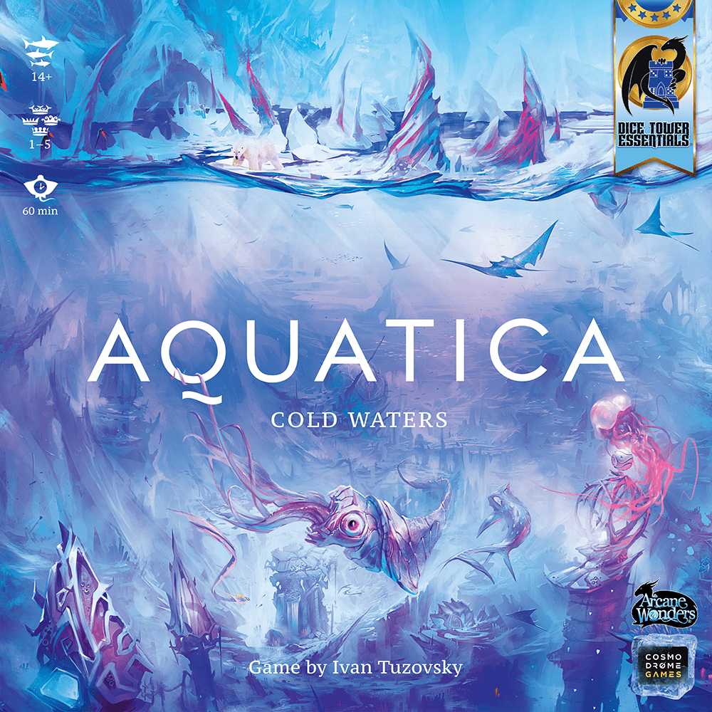 Dive into a fantasy underwater adventure with mysterious sea creatures and ancient ruins in Aquatica: Cold Waters Expansion by Arcane Wonders. Board game details and logos appear in the corners.