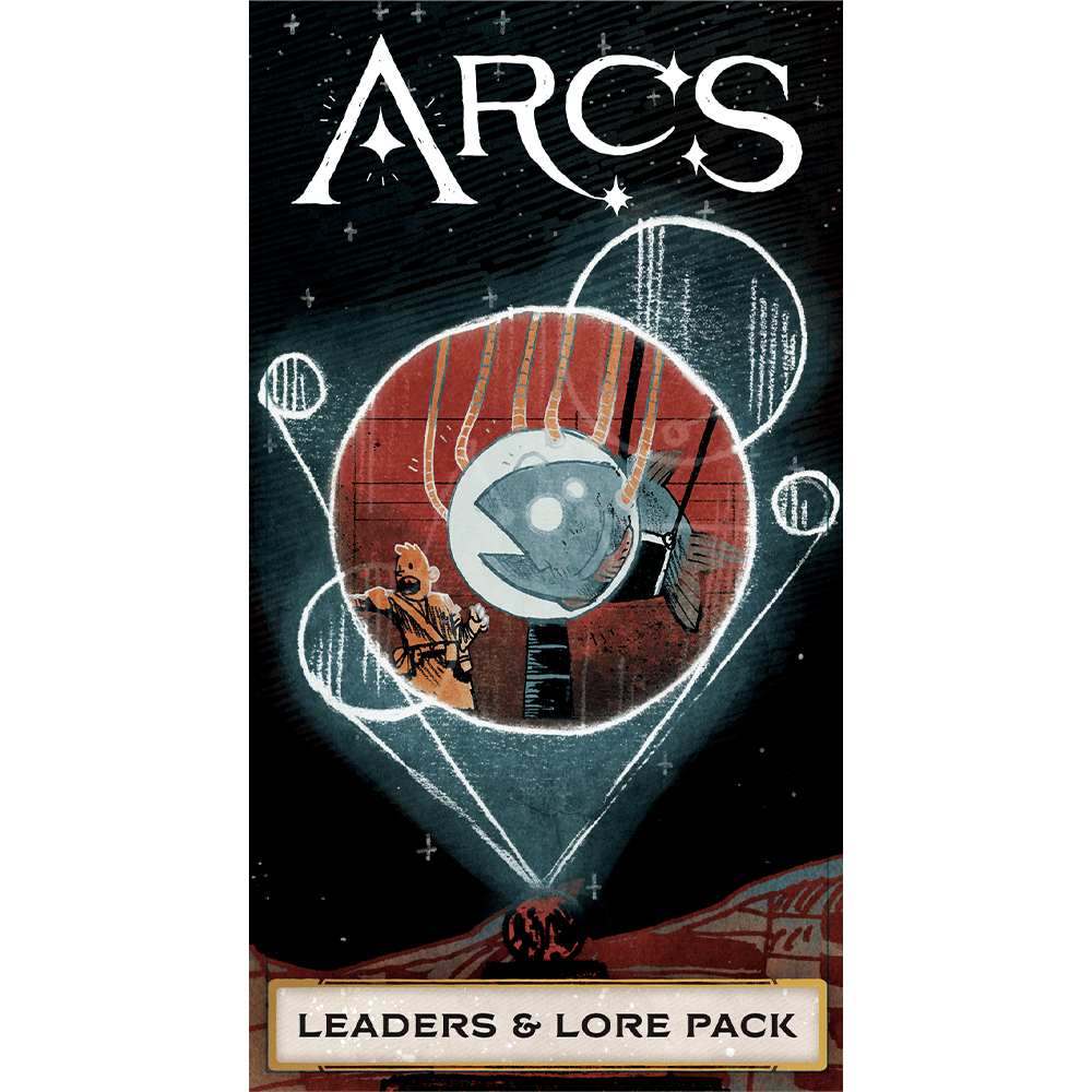 Stylized cover art for the Arcs: Leaders and Lore Pack Expansion by Leder Games features a white geometric frame encircling a robotic fish, humanoid figure, and cosmic shapes, with the title above and a Lore banner below to complement the base game.
