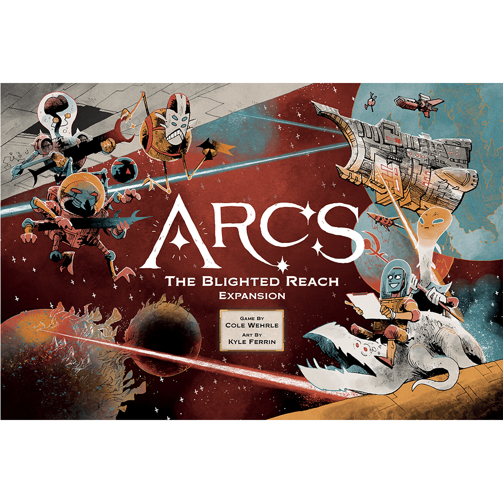 The box cover for Arcs: The Blighted Reach Expansion by Leder Games features vibrant sci-fi characters, spaceships, planets, lasers, and alien creatures in battle. Title and credits appear in white text—ideal for galaxy board game fans.