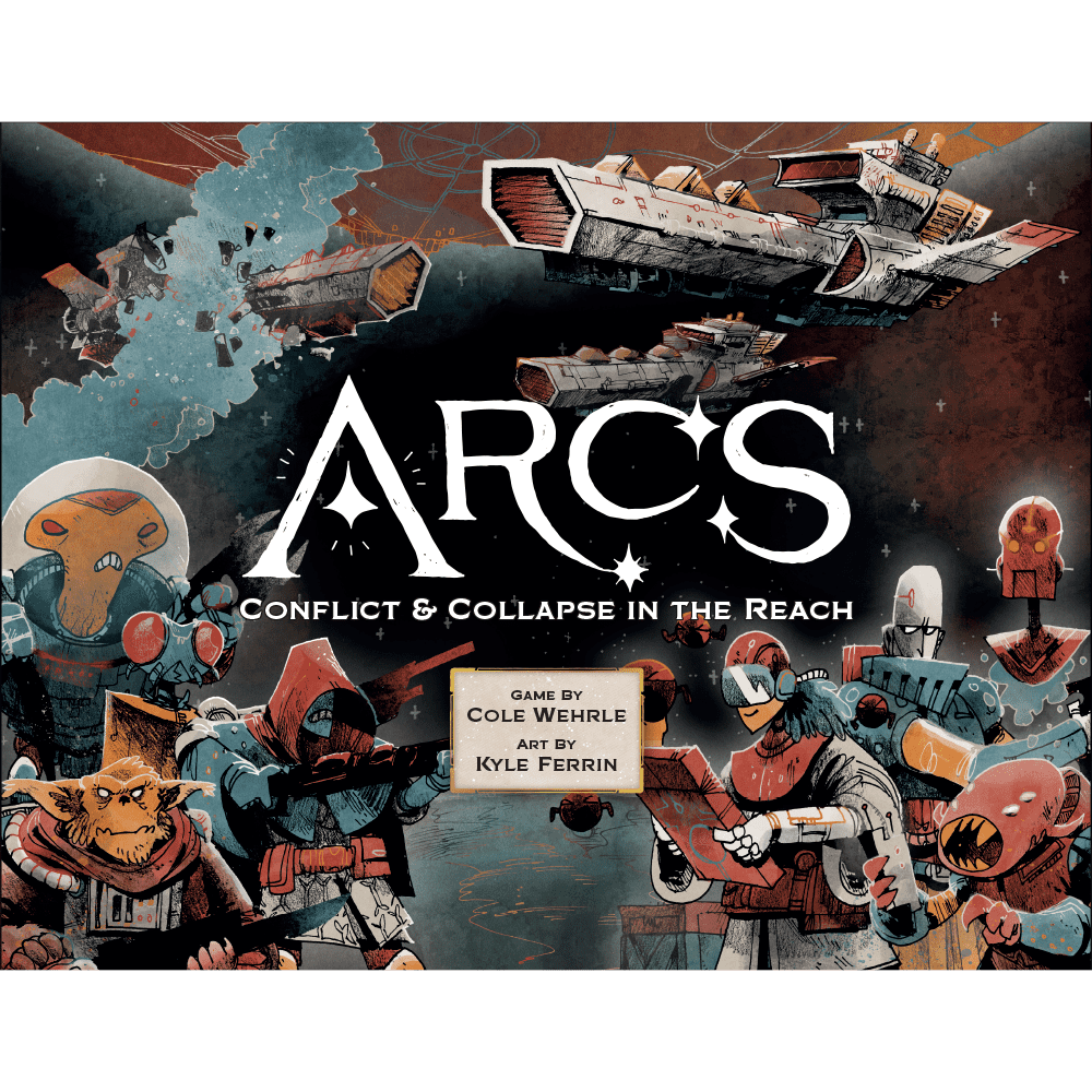 Box cover of Arcs, a sci-fi strategy game by Leder Games, showing spaceships in battle above armored figures. Experience a galactic struggle designed by Cole Wehrle, featuring art by Kyle Ferrin.