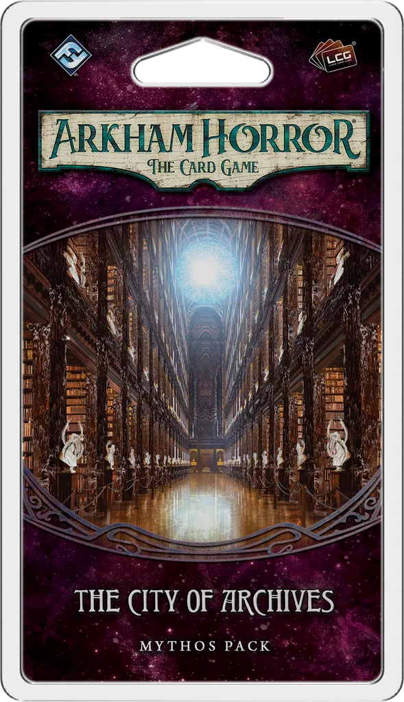 Arkham Horror: The Card Game – The City of Archives: Mythos Pack features an ornate library with towering bookshelves, statues, and a radiant overhead light.