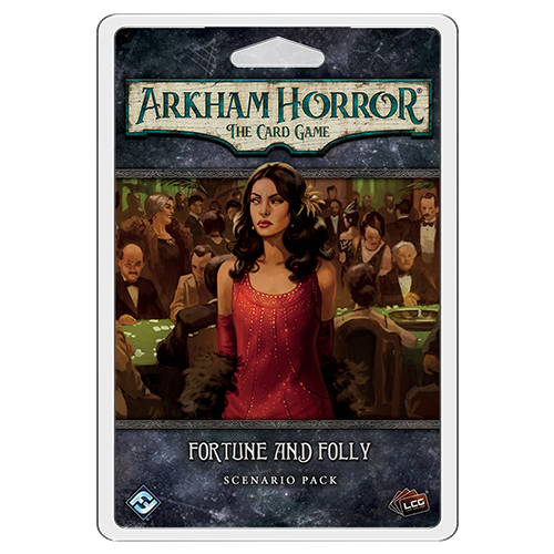 Arkham Horror: The Card Game: Fortune and Folly Scenario Pack by Fantasy Flight Games features a woman in red at the center of a dramatic casino heist, with guests seated at tables behind her.