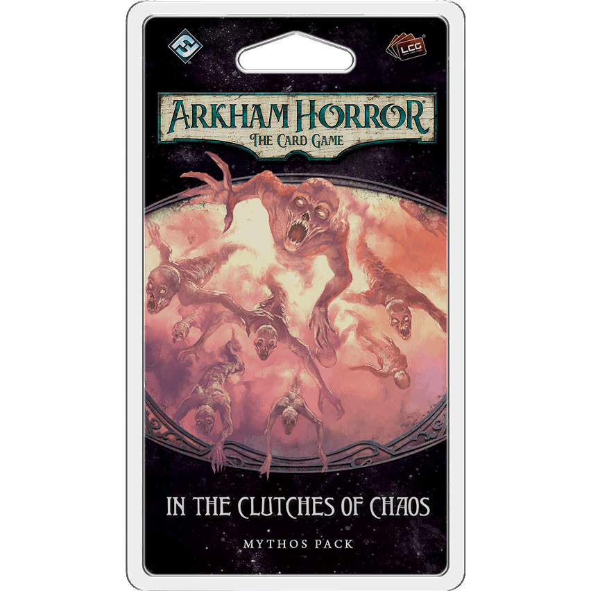 The image shows the cover of Arkham Horror: The Card Game: In The Clutches of Chaos Mythos Pack by Fantasy Flight Games, featuring ghostly creatures with outstretched claws rising from swirling pink clouds.