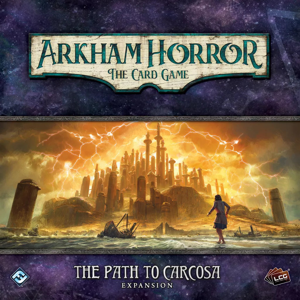 Cover art for Fantasy Flight Games’ Arkham Horror: The Card Game: Path to Carcosa Expansion shows a lone figure heading toward a golden city under an ominous sky, hinting at The King in Yellow amid glowing towers and ancient ruins.