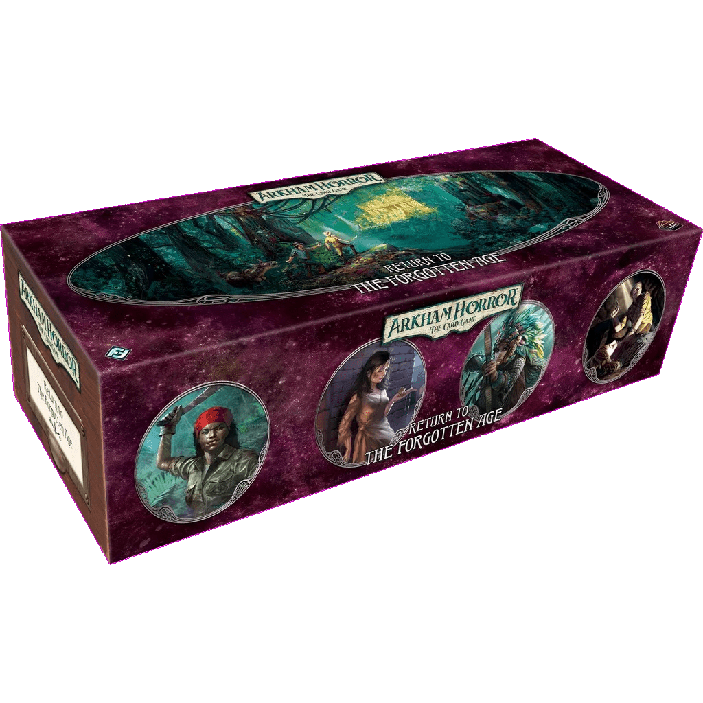 A rectangular box for Fantasy Flight Games' Arkham Horror: The Card Game Return to the Forgotten Age Expansion, featuring jungle art and circular portraits of three adventurers on a purple background.