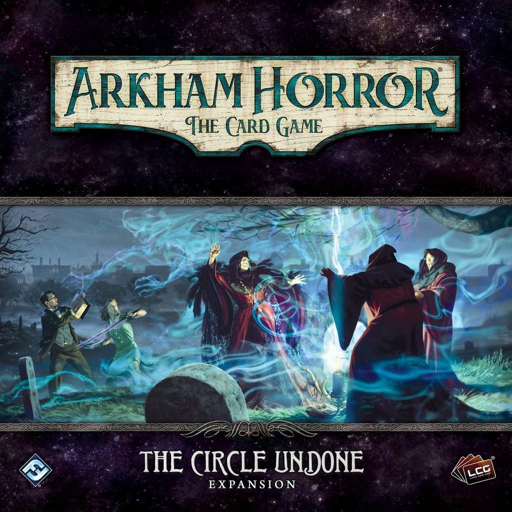 A group faces three robed figures amid swirling blue magic in a dark forest, evoking Lovecraftian suspense in Fantasy Flight Games’ Arkham Horror: The Card Game: The Circle Undone Expansion.