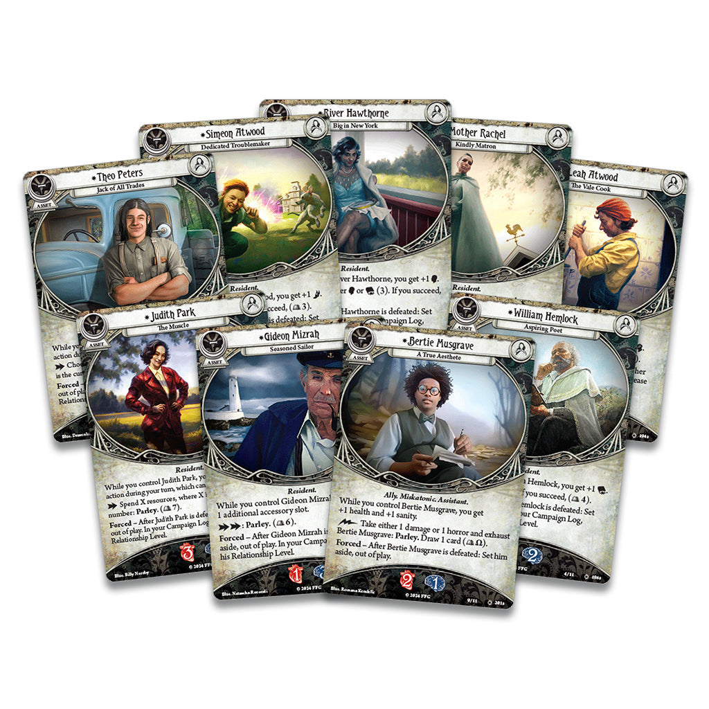 This set includes eight illustrated character cards from Fantasy Flight Games’ Arkham Horror: The Card Game – The Feast of Hemlock Vale Campaign Expansion, each with unique portraits, names, stats, and abilities.