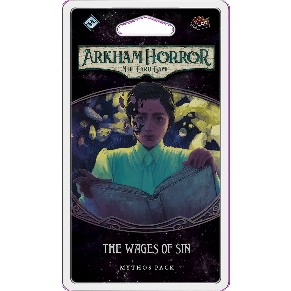 An illustration for Fantasy Flight Games’ Arkham Horror: The Card Game: Wages of Sin Mythos Pack shows a person holding an open book, with dark veins and shadowy features set against a glowing, abstract background.