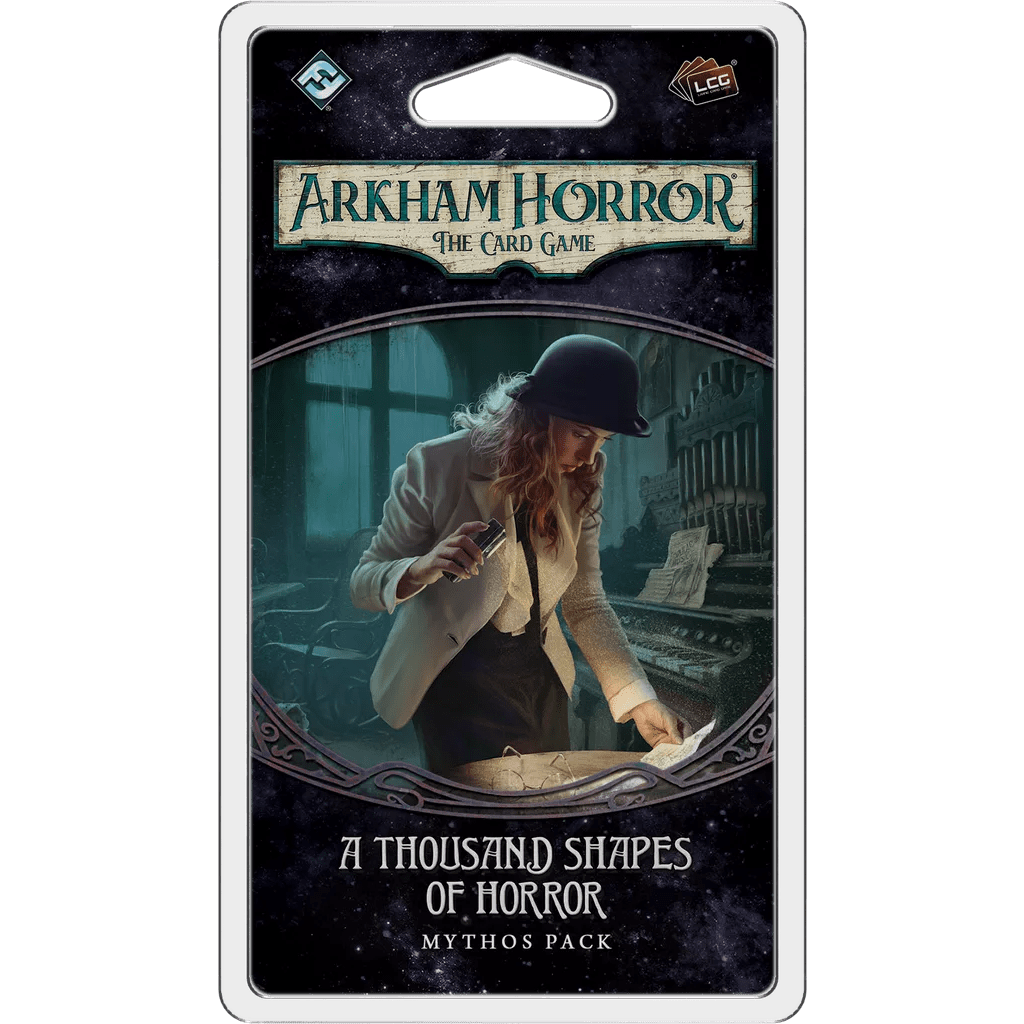 Arkham Horror: The Card Game – A Thousand Shapes of Horror: Mythos Pack by Fantasy Flight Games features a woman in period clothing investigating a desk with a flashlight.